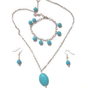 Silver And Turquoise Necklace Bracelet Earrings Jewelry Set
